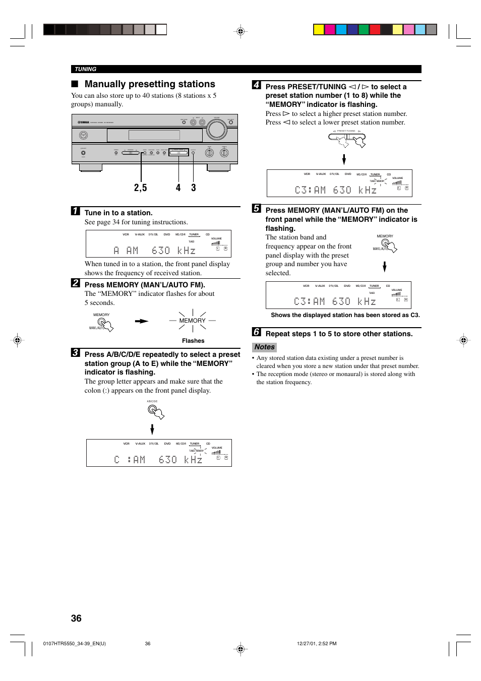 Manually presetting stations, C : a m 6 3 o k h z, A a m 6 3 o k h z | C 3 : a m 6 3 o k h z | Yamaha HTR-5550 User Manual | Page 40 / 67