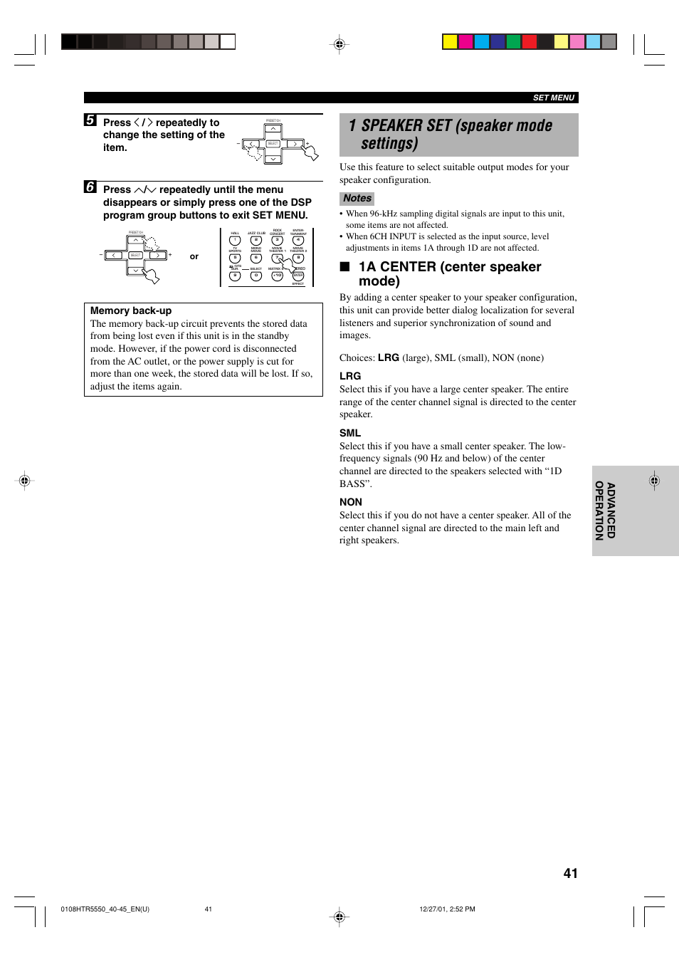 1 speaker set (speaker mode settings), 1a center (center speaker mode) | Yamaha HTR-5550 User Manual | Page 45 / 67