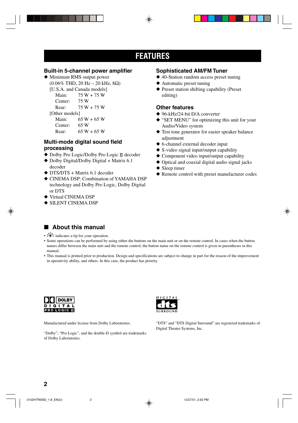 Features, About this manual | Yamaha HTR-5550 User Manual | Page 6 / 67