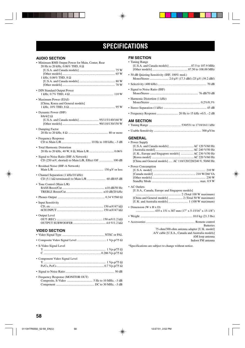 Specifications | Yamaha HTR-5550 User Manual | Page 62 / 67