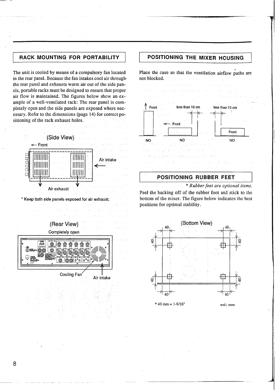 Rack mounting for portability, Positioning the mixer housing, Positioning rubber feet | Yamaha EM1620 User Manual | Page 10 / 48