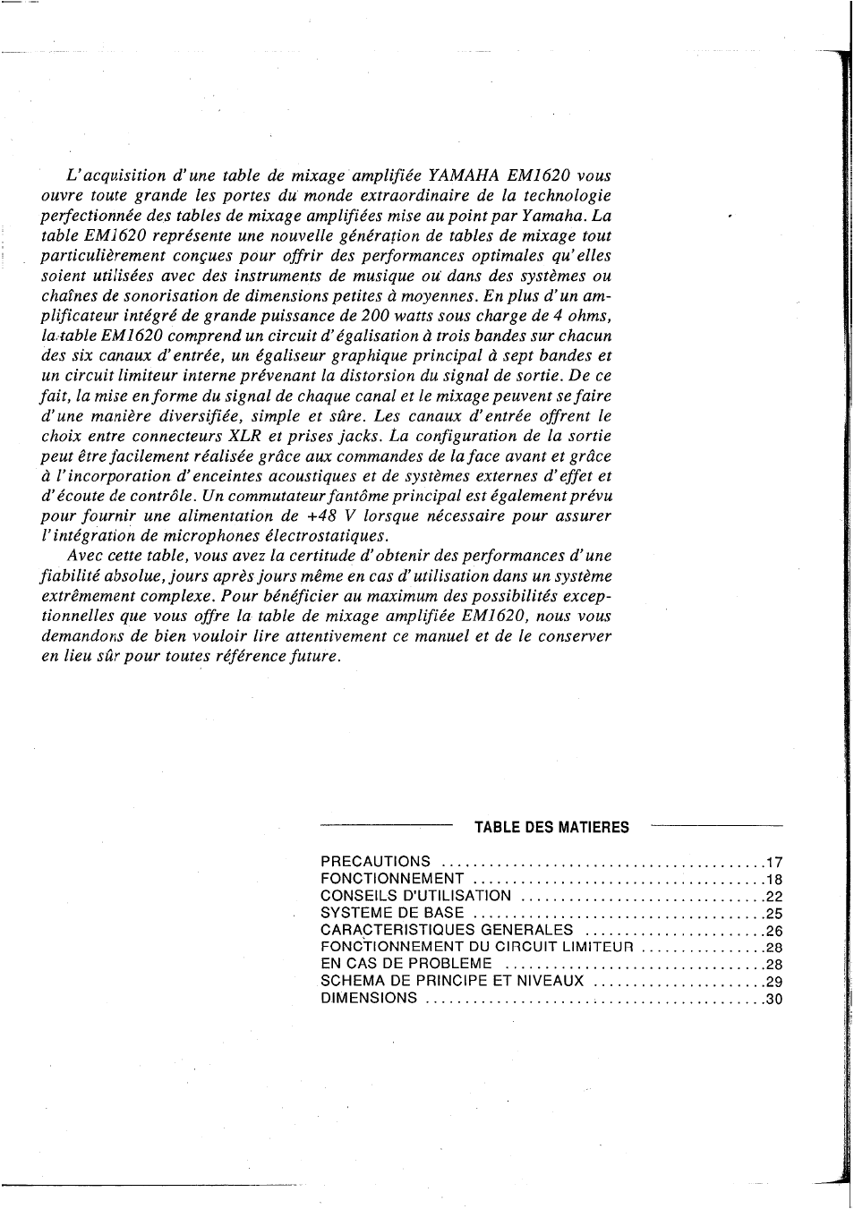 Table des matieres | Yamaha EM1620 User Manual | Page 18 / 48