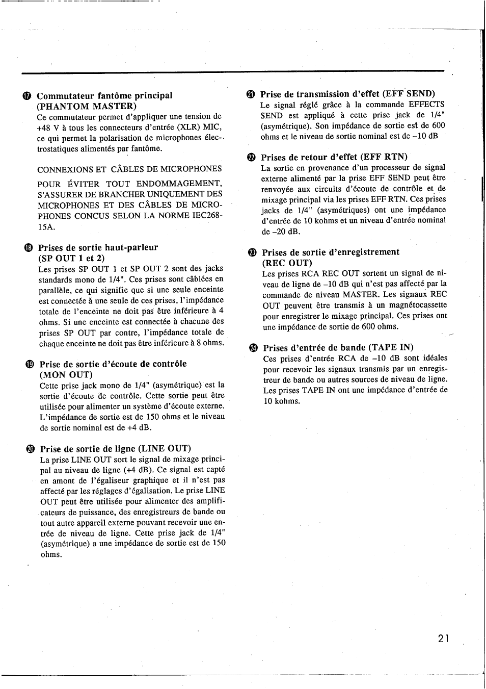 Commutateur fantôme principal (phantom master), D prises de sortie haut-parleur (sp out 1 et 2), M prise de sortie d’écoute de contrôle (mon out) | Prise de sortie de ligne (line out), Prise de transmission d’effet (eff send), Prises de retour d’effet (eff rtn), Prises de sortie d’enregistrement (rec out), Prises d’entrée de bande (tape in) | Yamaha EM1620 User Manual | Page 23 / 48