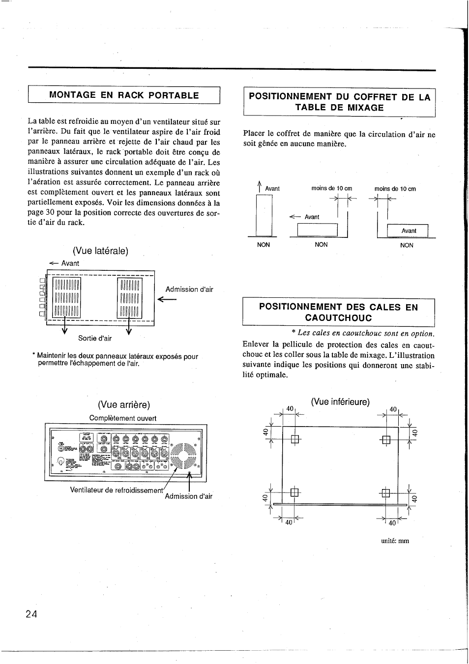 Positionnement des cales en caoutchouc, Vue latérale), Vue arrière) | Yamaha EM1620 User Manual | Page 26 / 48