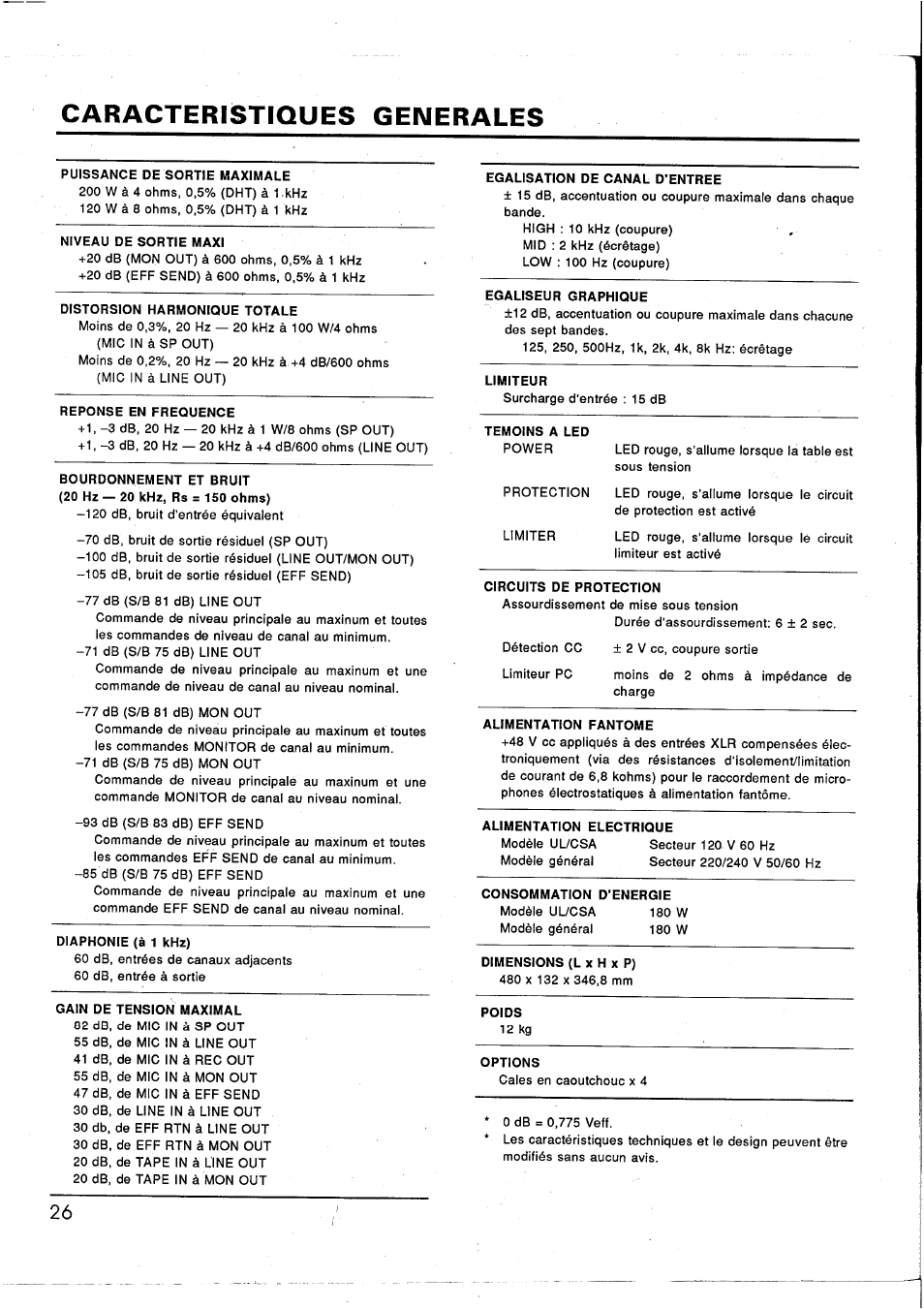 Caracteristiques generales, Caracteristioues generales | Yamaha EM1620 User Manual | Page 28 / 48