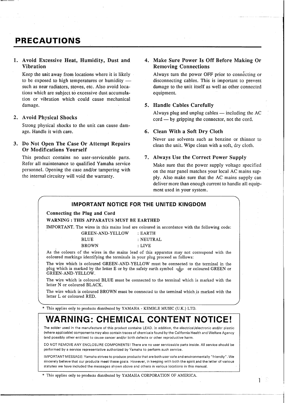 Precautions, Avoid excessive heat, humidity, dust and vibration, Avoid physical shocks | Handle cables carefully, Clean with a soft dry cloth, Always use the correct power supply, Important notice for the united kingdom, Warning: chemical content notice | Yamaha EM1620 User Manual | Page 3 / 48