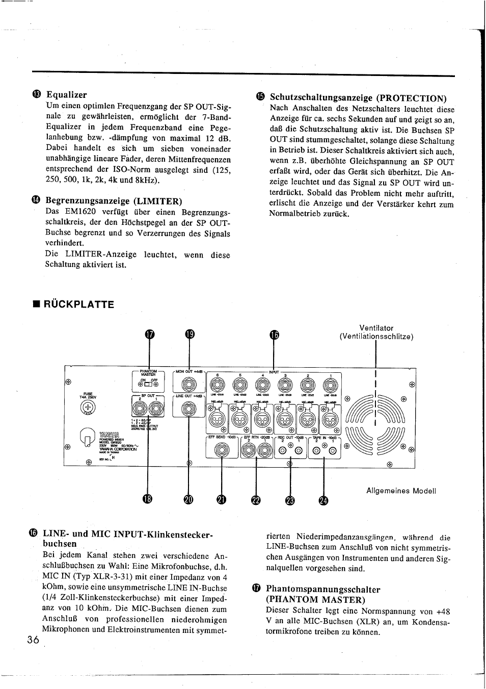 Equalizer, D begrenzungsanzeige (limiter), Schutzschaltungsanzeige (protection) | Ruckplatte, Line- und mic input-klinkenstecker- buchsen, Phantomspannungsschalter (phantom master) | Yamaha EM1620 User Manual | Page 38 / 48
