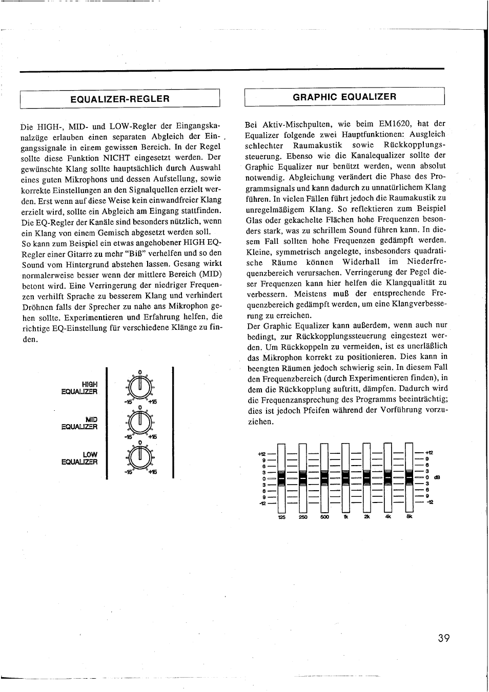 Equalizer-regler, Graphic equalizer | Yamaha EM1620 User Manual | Page 41 / 48