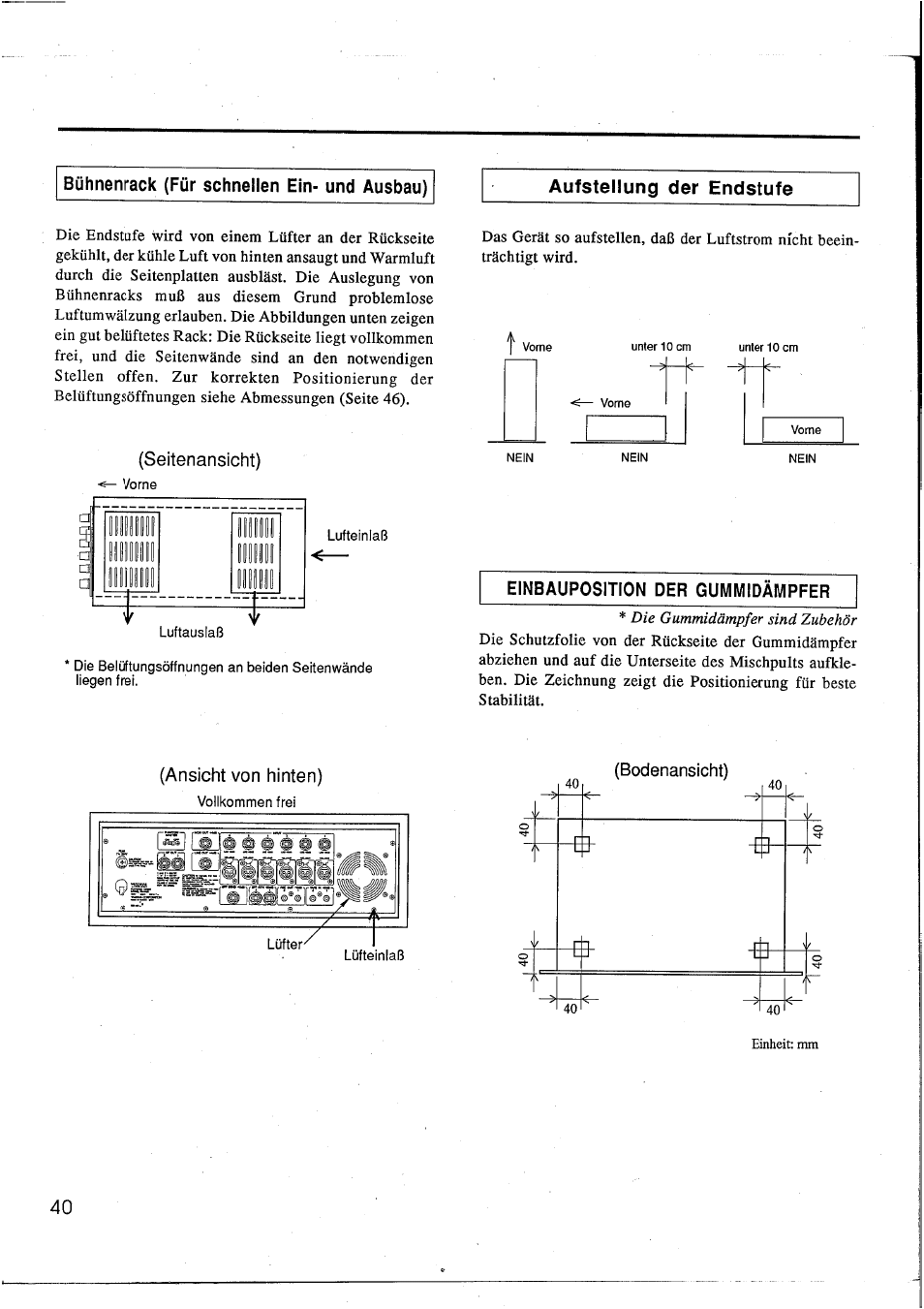 Aufstellung der endstufe, Seitenansicht), Ansicht von hinten) | Yamaha EM1620 User Manual | Page 42 / 48