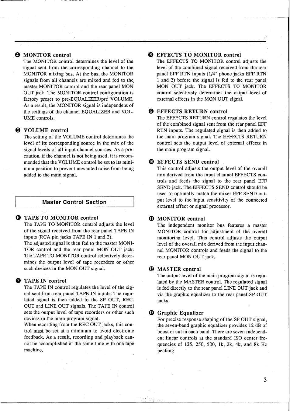 O monitor control, Volume control, Tape to monitor control | О tape in control, Effects to monitor control, Effects return control, Effects send control, Monitor control, Master control, Graphic equalizer | Yamaha EM1620 User Manual | Page 5 / 48