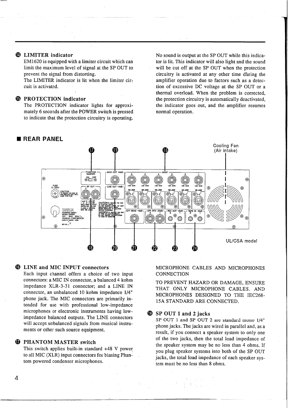 Limiter indicator, Protection indicator, Line and mic input connectors | Phantom master switch, Sp out 1 and 2 jacks, Rear panel | Yamaha EM1620 User Manual | Page 6 / 48