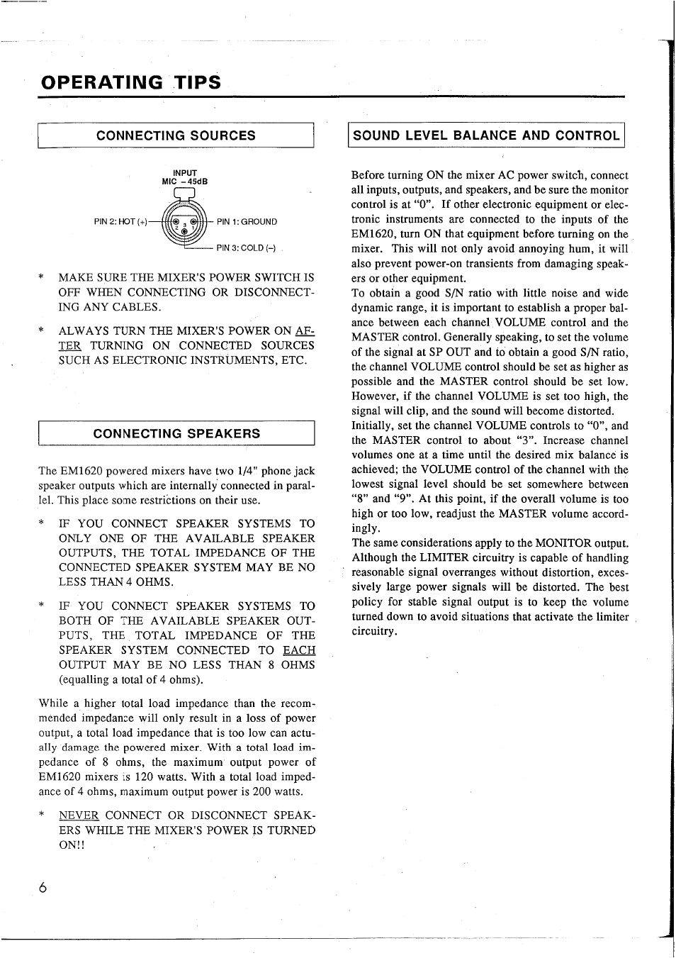 Operating tips, Connecting sources, Sound level balance and control | Yamaha EM1620 User Manual | Page 8 / 48