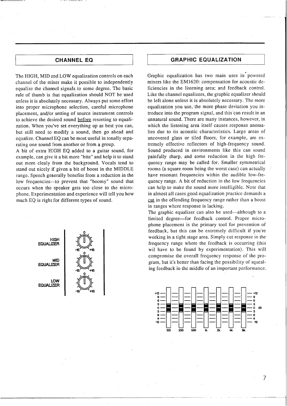 Channel eq, Graphic equalization, Channel eq graphic equalization | Yamaha EM1620 User Manual | Page 9 / 48