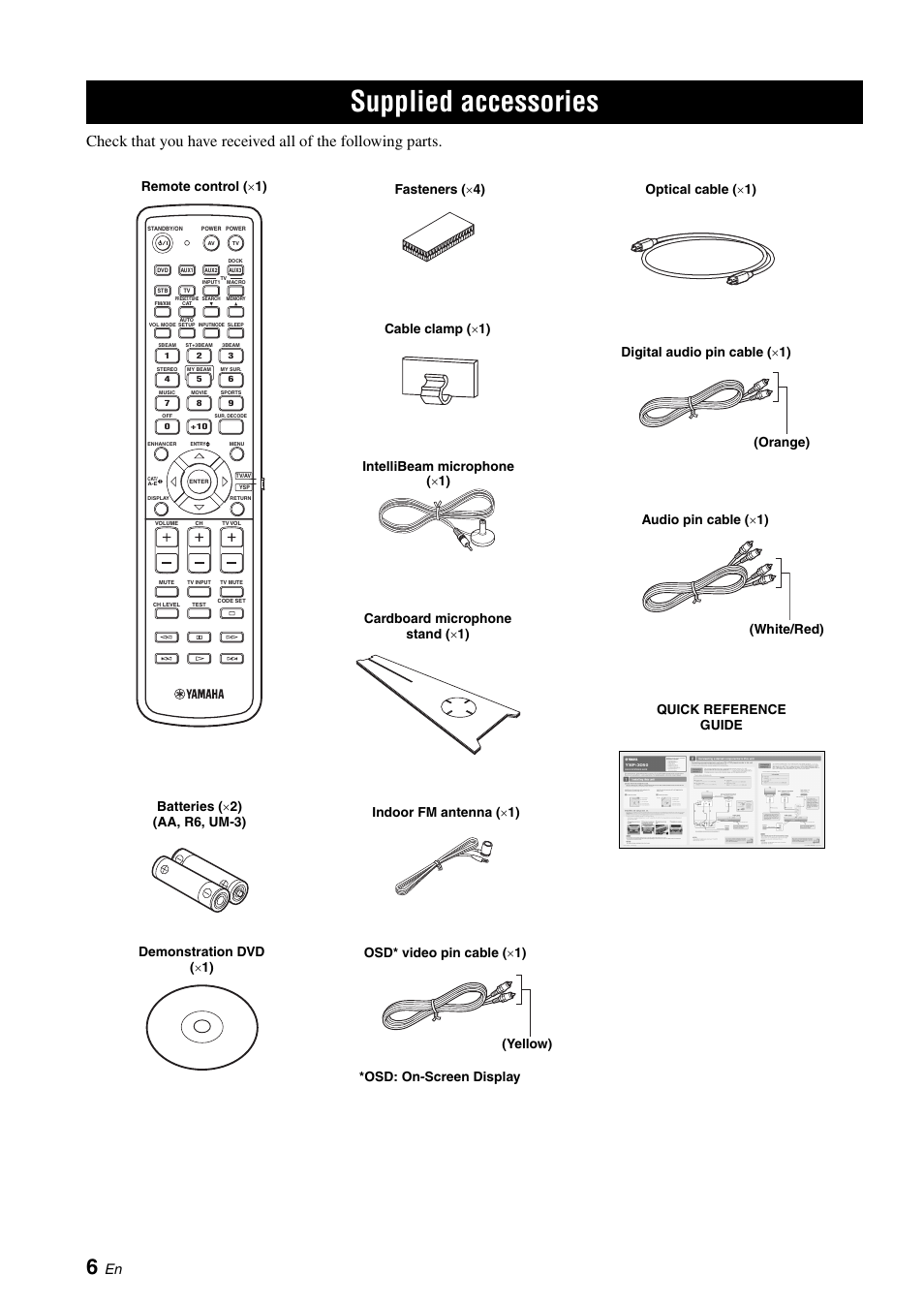 Supplied accessories | Yamaha Digital Sound Projector YSP-3050 User Manual | Page 10 / 118
