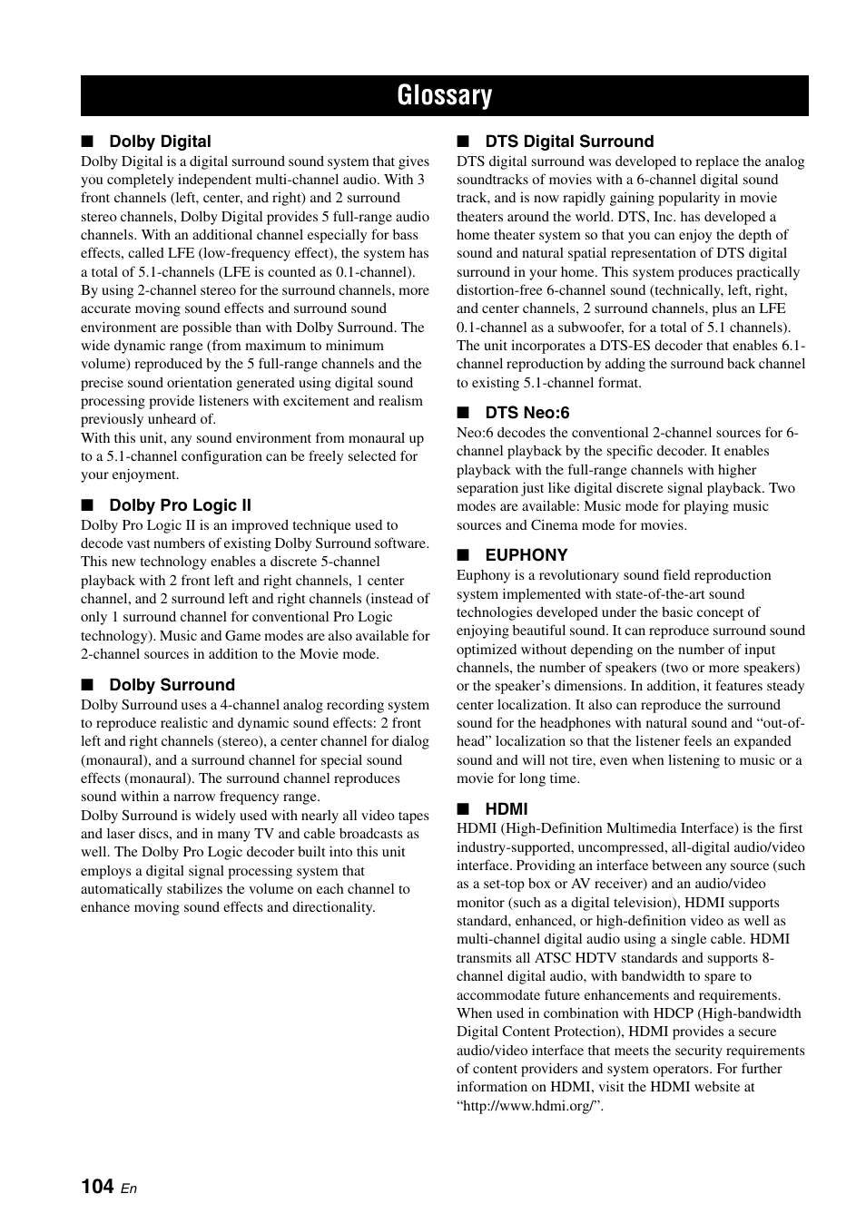 Glossary | Yamaha Digital Sound Projector YSP-3050 User Manual | Page 108 / 118