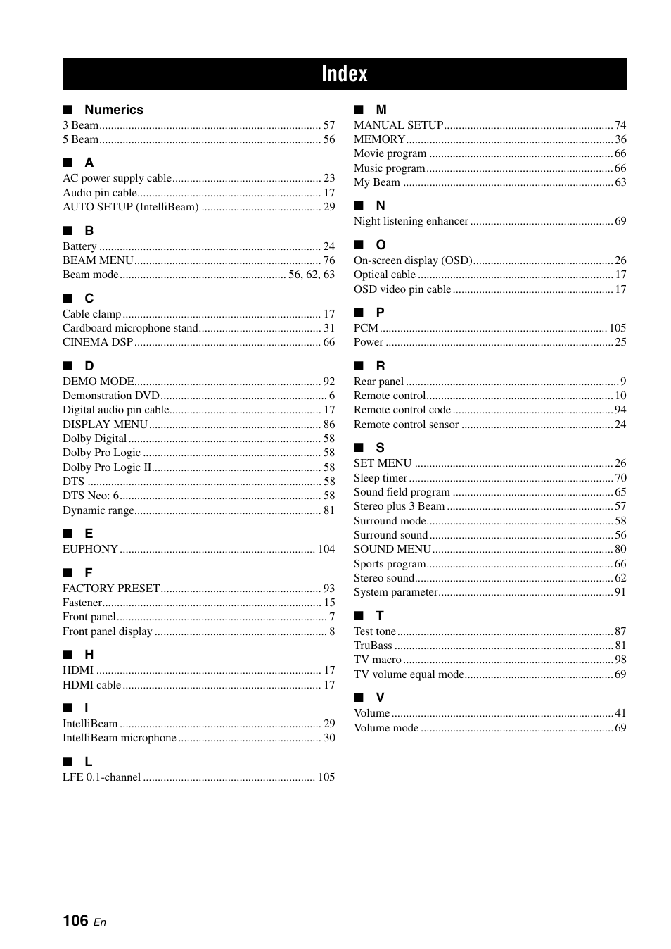 Index | Yamaha Digital Sound Projector YSP-3050 User Manual | Page 110 / 118