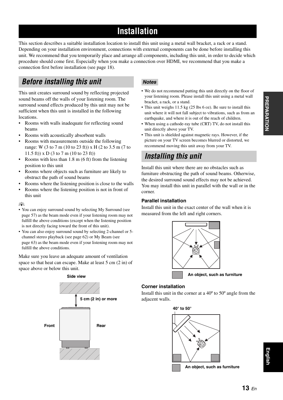Preparation, Installation, Before installing this unit | Installing this unit, Before installing this unit installing this unit | Yamaha Digital Sound Projector YSP-3050 User Manual | Page 17 / 118