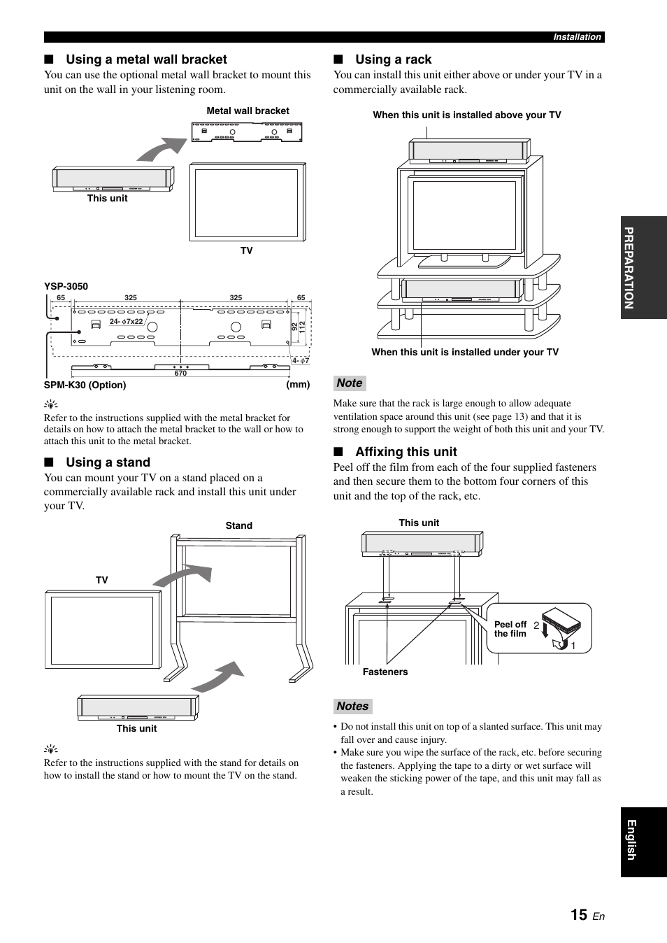 Using a metal wall bracket, Using a stand, Using a rack | Affixing this unit | Yamaha Digital Sound Projector YSP-3050 User Manual | Page 19 / 118