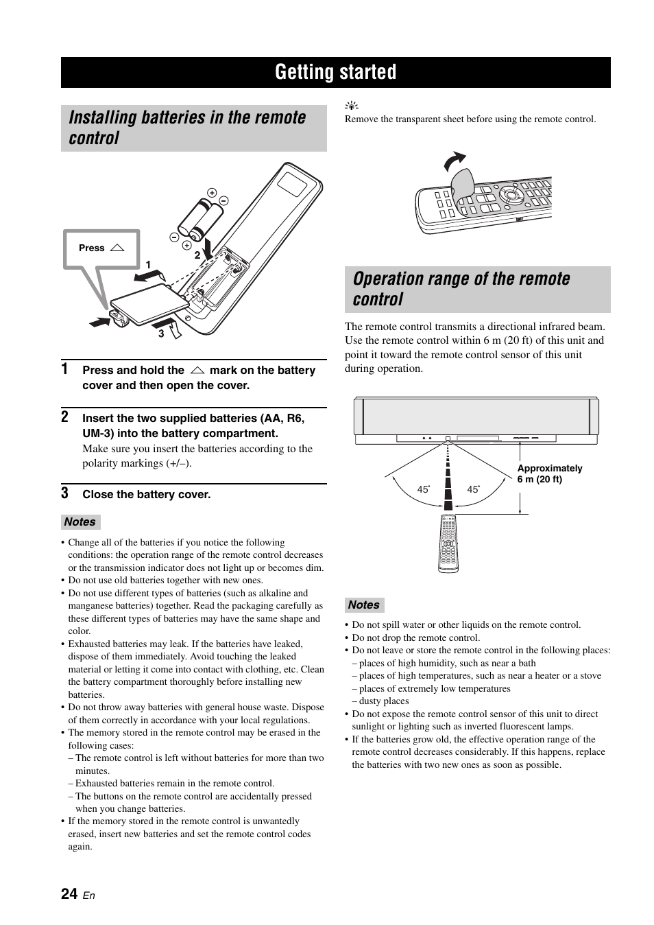 Setup, Getting started, Installing batteries in the remote control | Operation range of the remote control | Yamaha Digital Sound Projector YSP-3050 User Manual | Page 28 / 118