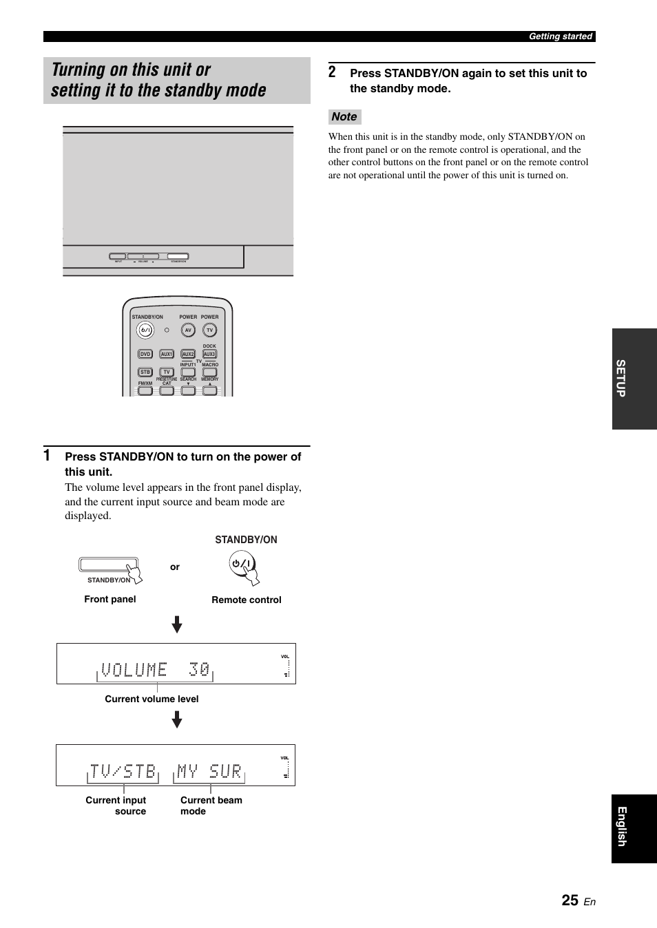 Turning on this unit or, Setting it to the standby mode, Setup english | Standby/on | Yamaha Digital Sound Projector YSP-3050 User Manual | Page 29 / 118