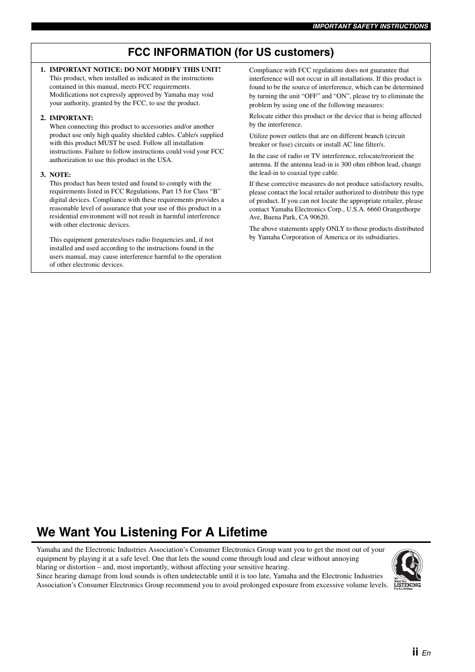 We want you listening for a lifetime, Fcc information (for us customers) | Yamaha Digital Sound Projector YSP-3050 User Manual | Page 3 / 118