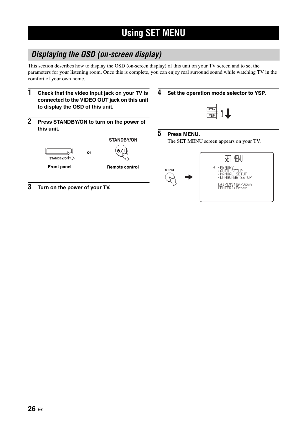 Using set menu, Displaying the osd (on-screen display), Set menu | Yamaha Digital Sound Projector YSP-3050 User Manual | Page 30 / 118