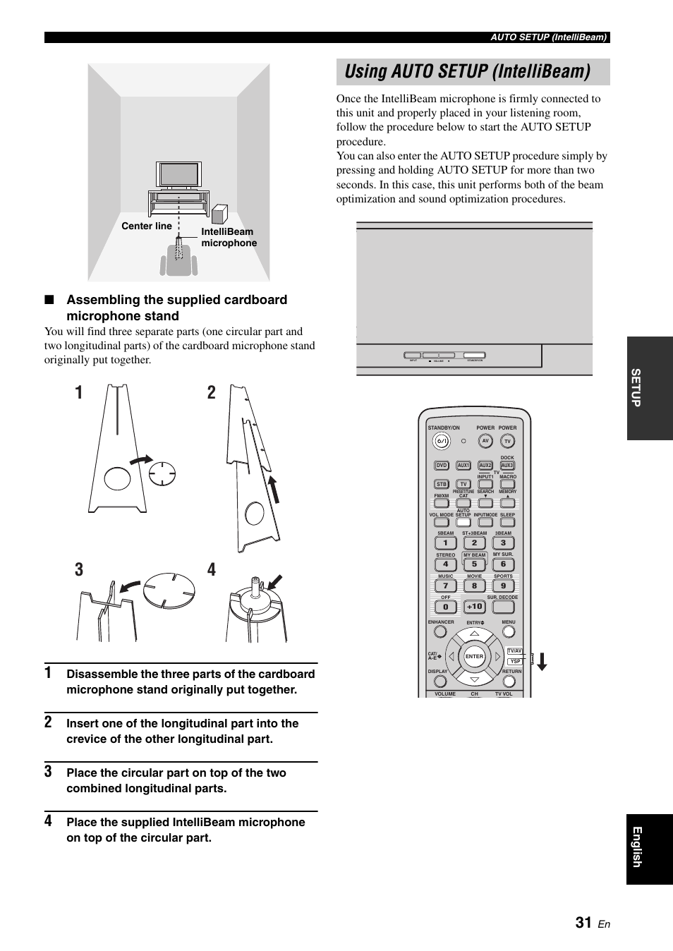 Using auto setup (intellibeam), 12 3 4 using auto setup (intellibeam), Assembling the supplied cardboard microphone stand | Setup english | Yamaha Digital Sound Projector YSP-3050 User Manual | Page 35 / 118