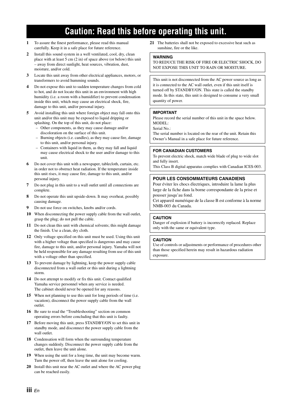 Caution: read this before operating this unit | Yamaha Digital Sound Projector YSP-3050 User Manual | Page 4 / 118