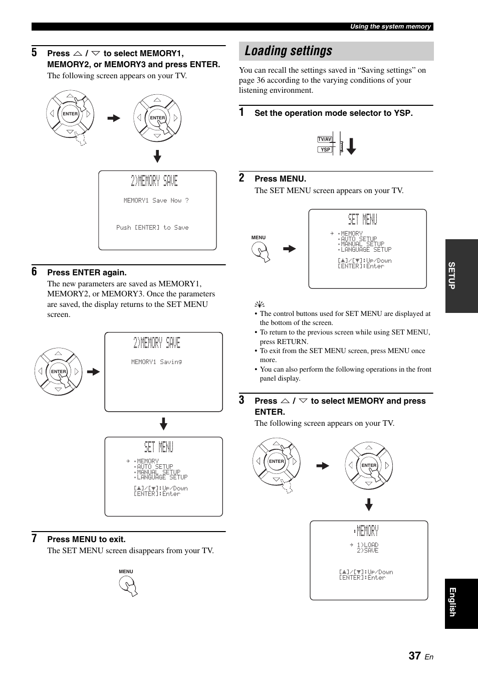 Loading settings, Ep 3, Set menu | Yamaha Digital Sound Projector YSP-3050 User Manual | Page 41 / 118