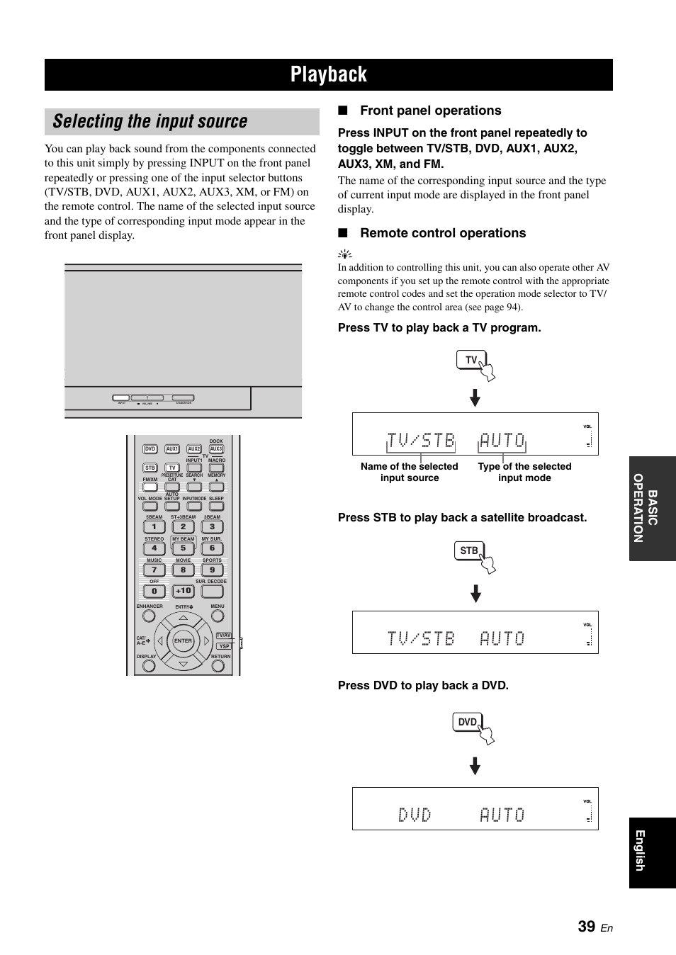 Basic operation, Playback, Selecting the input source | Front panel operations, Remote control operations | Yamaha Digital Sound Projector YSP-3050 User Manual | Page 43 / 118