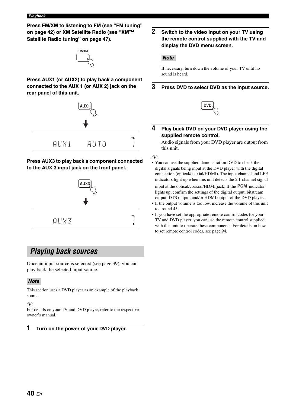 Playing back sources, A u x 1 a u t o, A u x 3 | Yamaha Digital Sound Projector YSP-3050 User Manual | Page 44 / 118