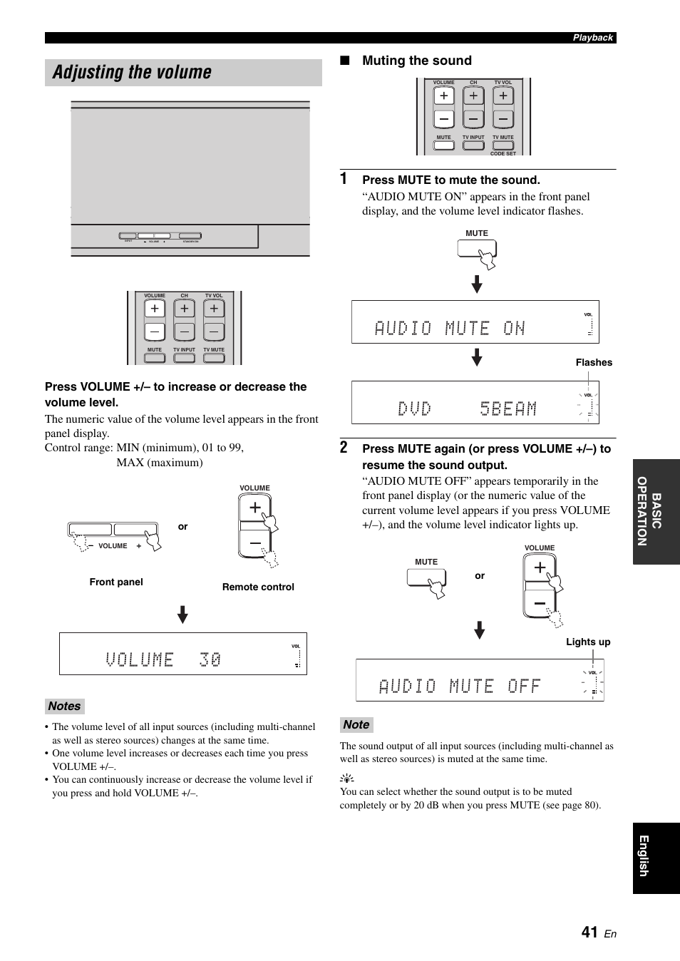 Adjusting the volume, D v d 5 b e a m, Muting the sound | Yamaha Digital Sound Projector YSP-3050 User Manual | Page 45 / 118