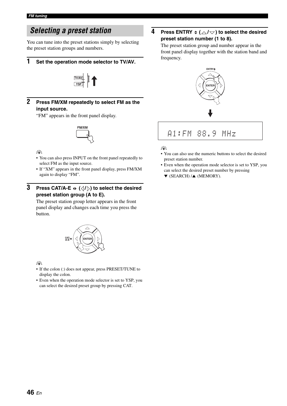 Selecting a preset station, A 1 : f m 8 8 . 9 m h z | Yamaha Digital Sound Projector YSP-3050 User Manual | Page 50 / 118