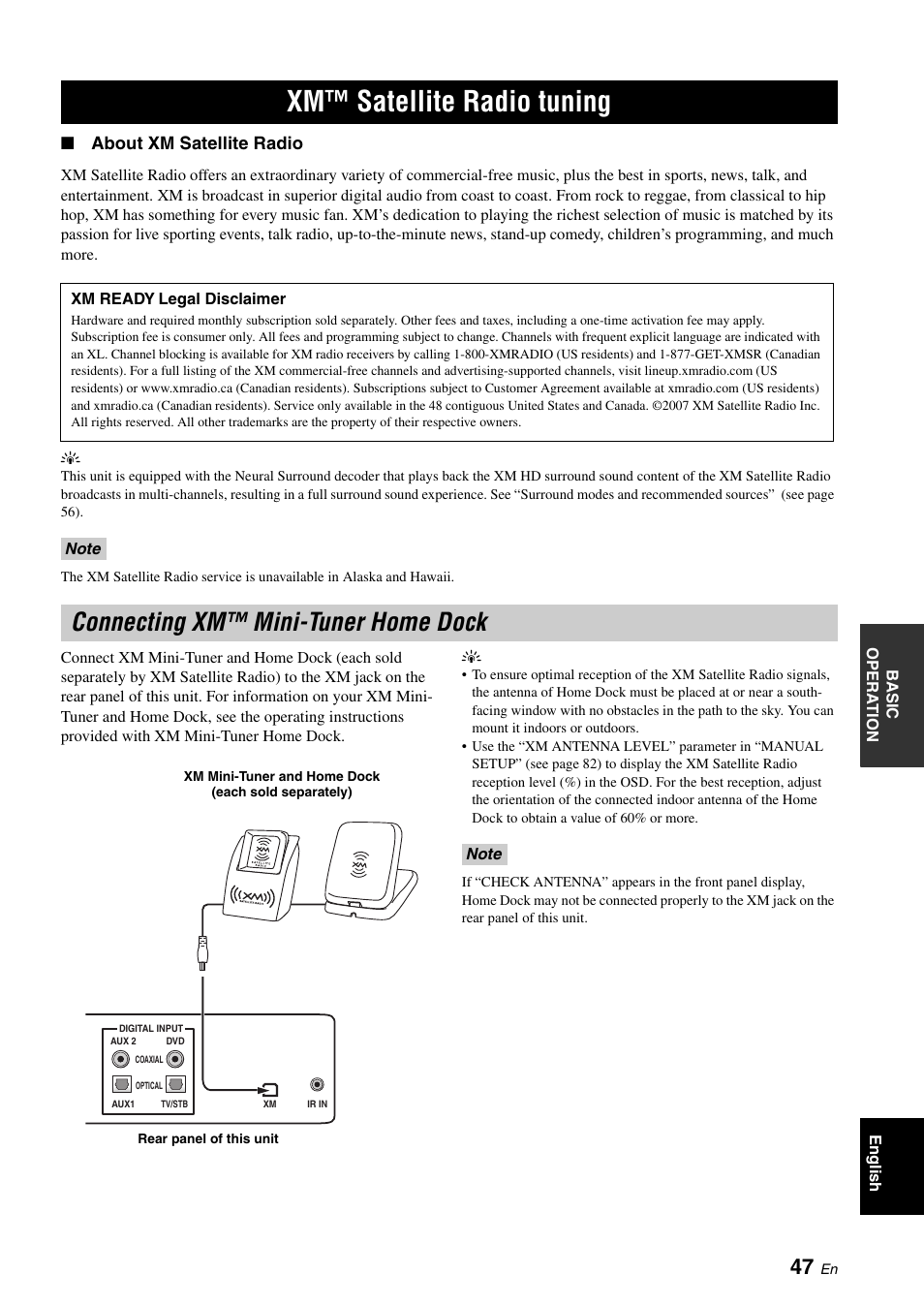 Xm™ satellite radio tuning, Connecting xm™ mini-tuner home dock | Yamaha Digital Sound Projector YSP-3050 User Manual | Page 51 / 118