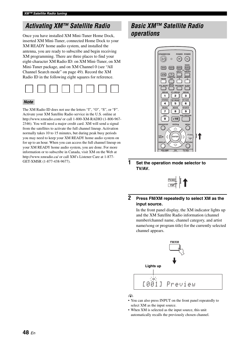 Activating xm™ satellite radio, Basic xm™ satellite radio operations, Set the operation mode selector to tv/av | Yamaha Digital Sound Projector YSP-3050 User Manual | Page 52 / 118