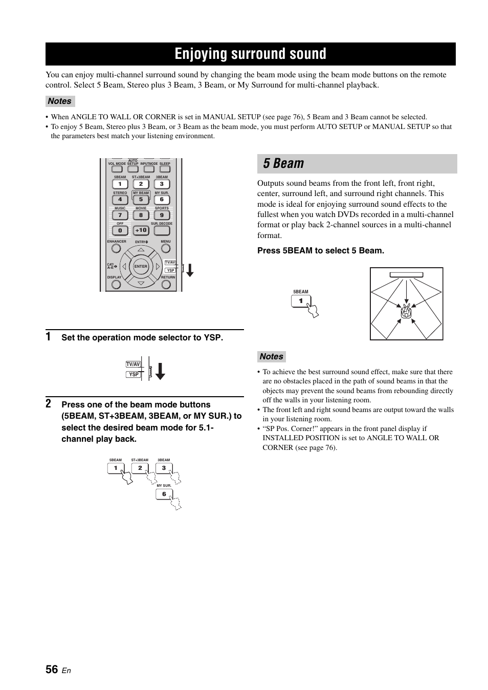 Enjoying surround sound, 5 beam, Set the operation mode selector to ysp | Yamaha Digital Sound Projector YSP-3050 User Manual | Page 60 / 118