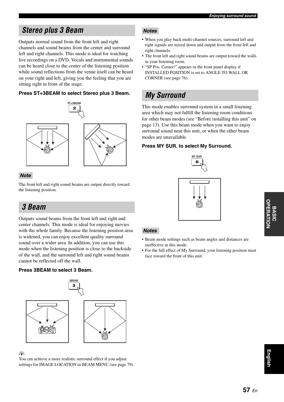 Stereo plus 3 beam, 3 beam, My surround | Stereo plus 3 beam 3 beam my surround | Yamaha Digital Sound Projector YSP-3050 User Manual | Page 61 / 118