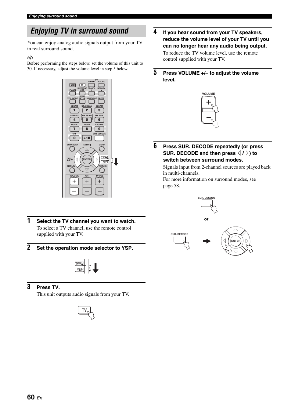 Enjoying tv in surround sound, Set the operation mode selector to ysp, Press volume +/– to adjust the volume level | Yamaha Digital Sound Projector YSP-3050 User Manual | Page 64 / 118