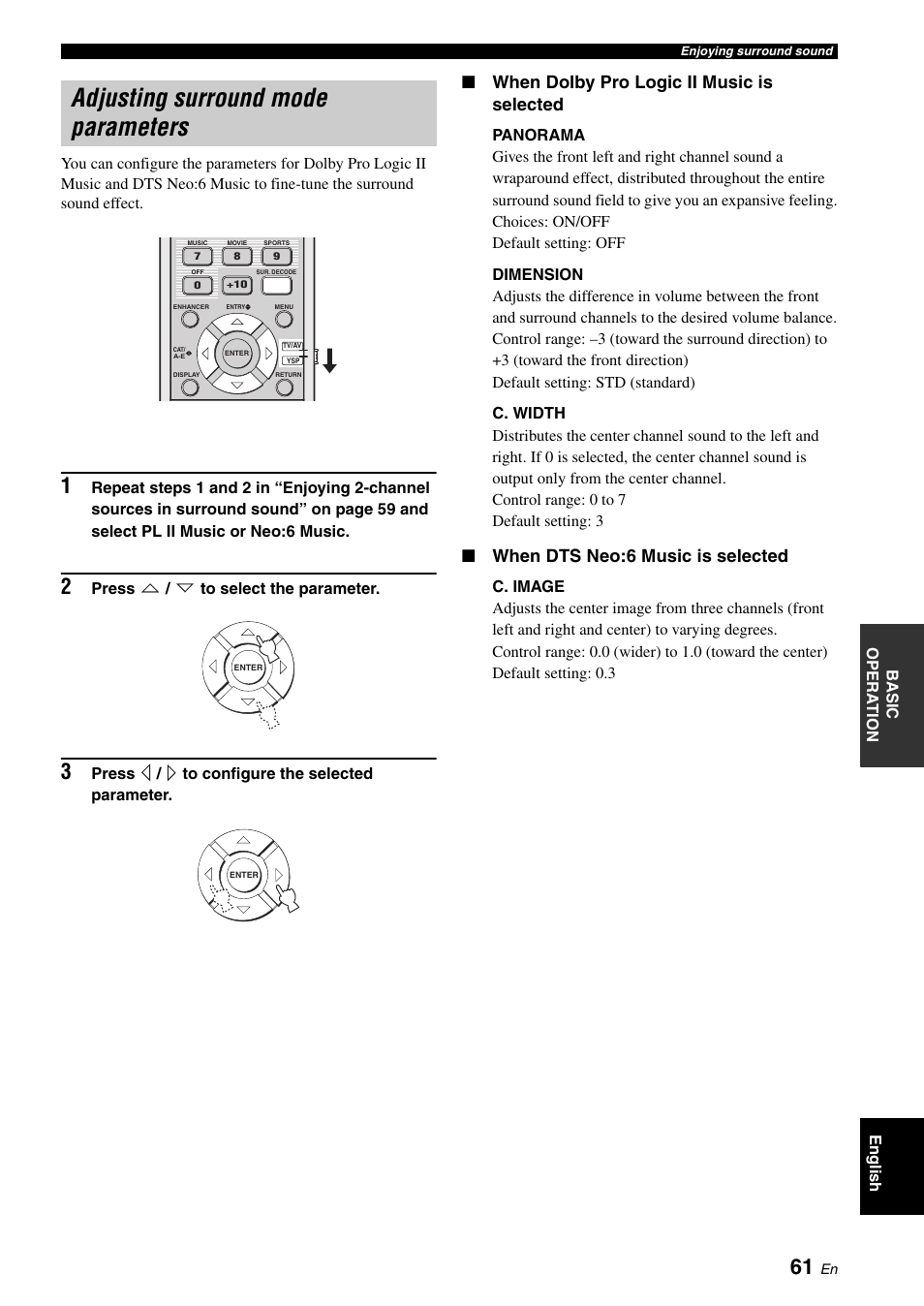 Adjusting surround mode parameters, When dolby pro logic ii music is selected, When dts neo:6 music is selected | Yamaha Digital Sound Projector YSP-3050 User Manual | Page 65 / 118