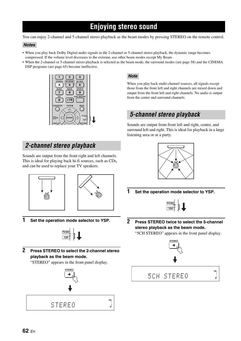 Enjoying stereo sound, Channel stereo playback, Channel stereo playback 5-channel stereo playback | Yamaha Digital Sound Projector YSP-3050 User Manual | Page 66 / 118