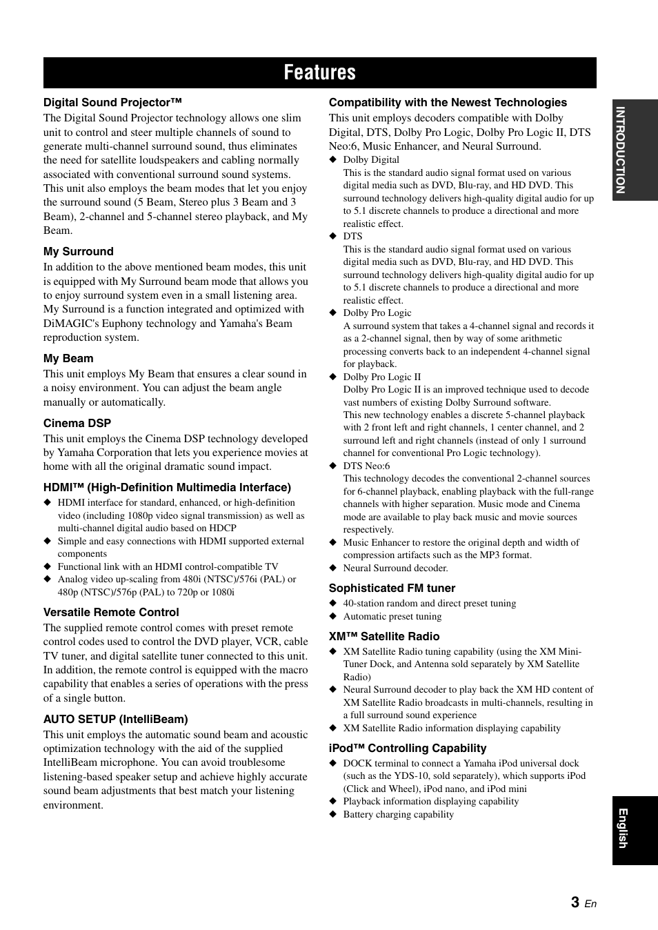 Features | Yamaha Digital Sound Projector YSP-3050 User Manual | Page 7 / 118