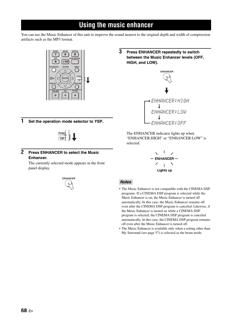 Using the music enhancer, Enhancer:high enhancer:low enhancer:off, Set the operation mode selector to ysp | Yamaha Digital Sound Projector YSP-3050 User Manual | Page 72 / 118