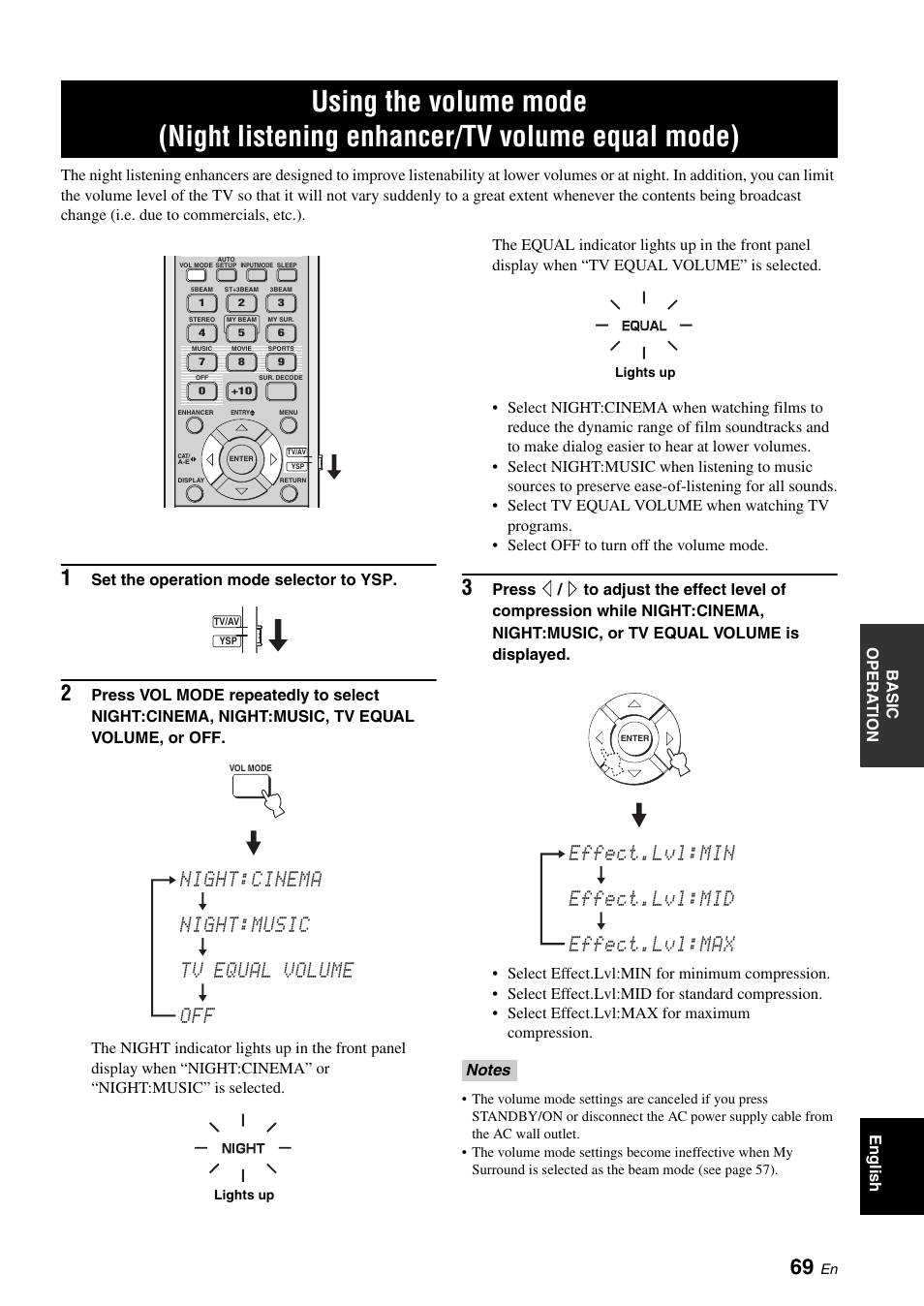Using the volume mode, Night listening enhancer/tv volume equal mode), Night:cinema night:music tv equal volume off | Effect.lvl:min effect.lvl:mid effect.lvl:max | Yamaha Digital Sound Projector YSP-3050 User Manual | Page 73 / 118