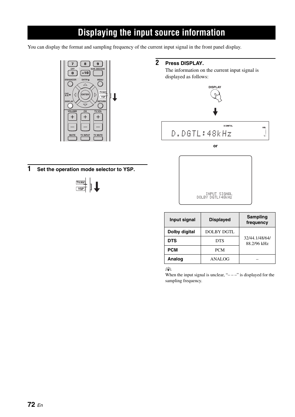 Displaying the input source information, Set the operation mode selector to ysp | Yamaha Digital Sound Projector YSP-3050 User Manual | Page 76 / 118