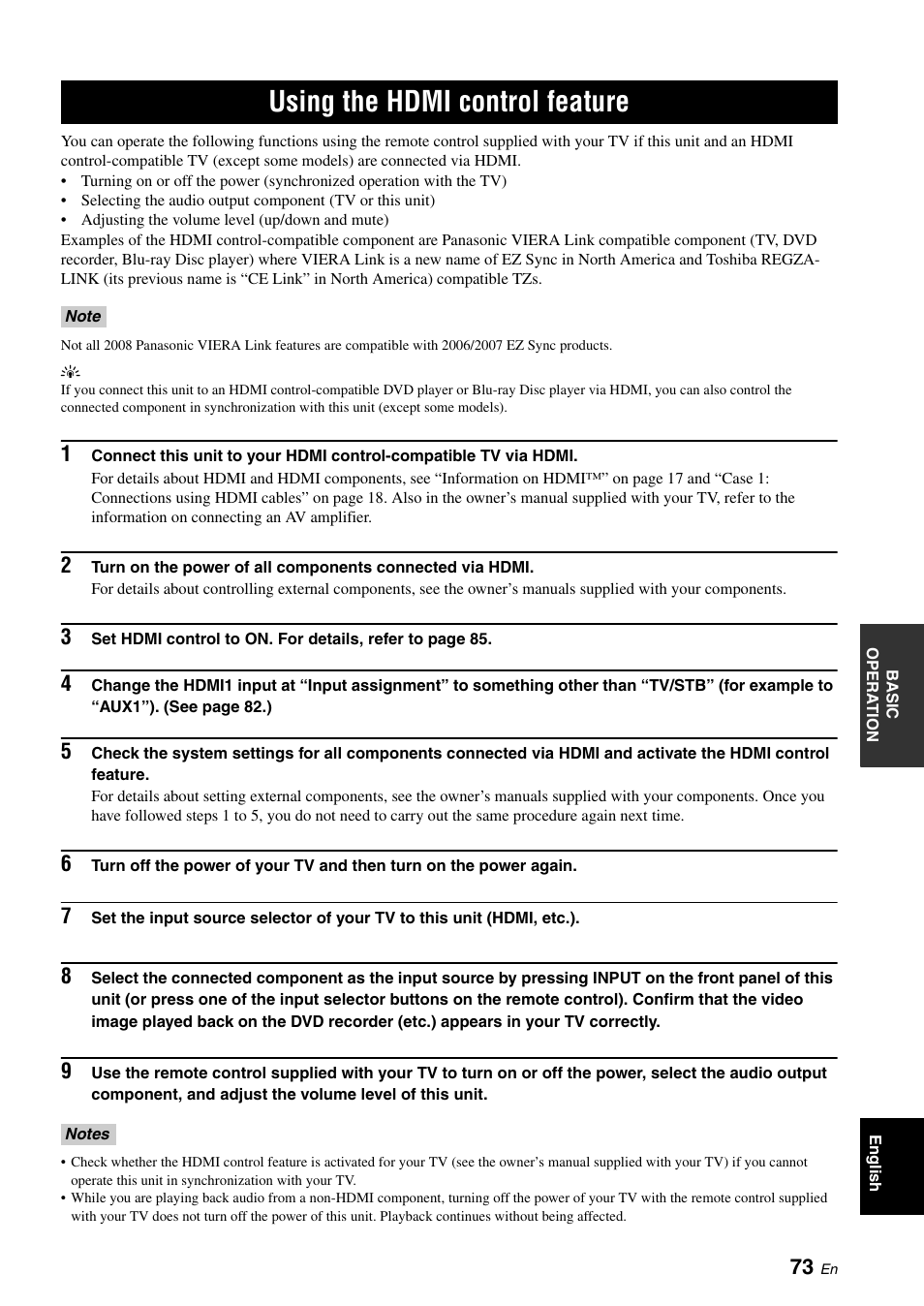 Using the hdmi control feature | Yamaha Digital Sound Projector YSP-3050 User Manual | Page 77 / 118