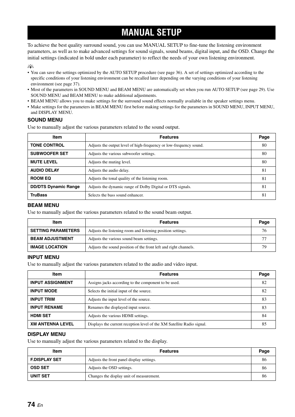 Advanced operation, Manual setup | Yamaha Digital Sound Projector YSP-3050 User Manual | Page 78 / 118