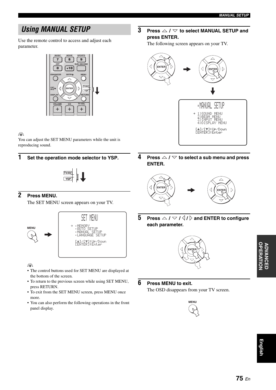 Using manual setup, Set menu, Manual setup | Yamaha Digital Sound Projector YSP-3050 User Manual | Page 79 / 118