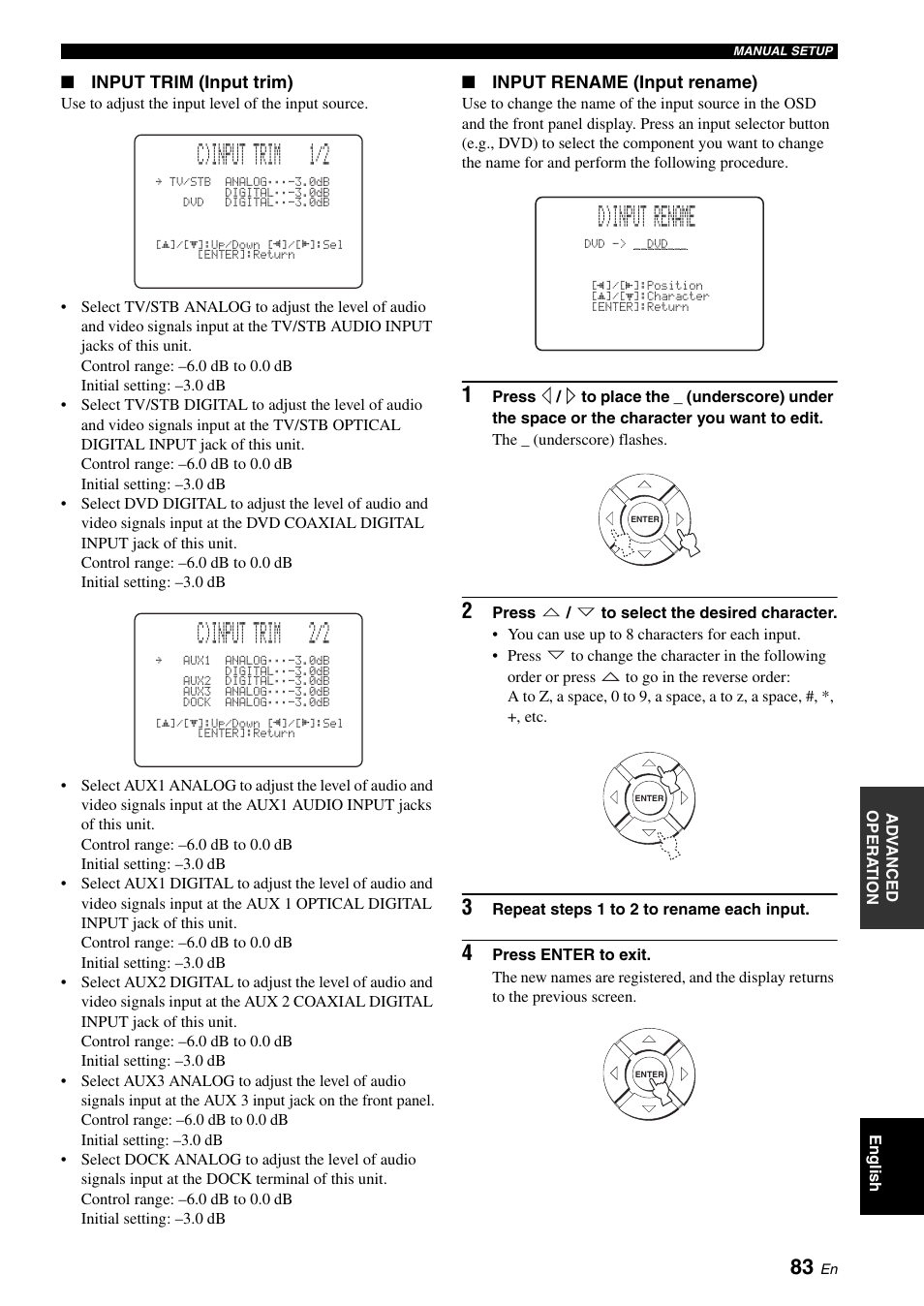 C)input trim 1/2, C)input trim 2/2, D)input rename | Yamaha Digital Sound Projector YSP-3050 User Manual | Page 87 / 118