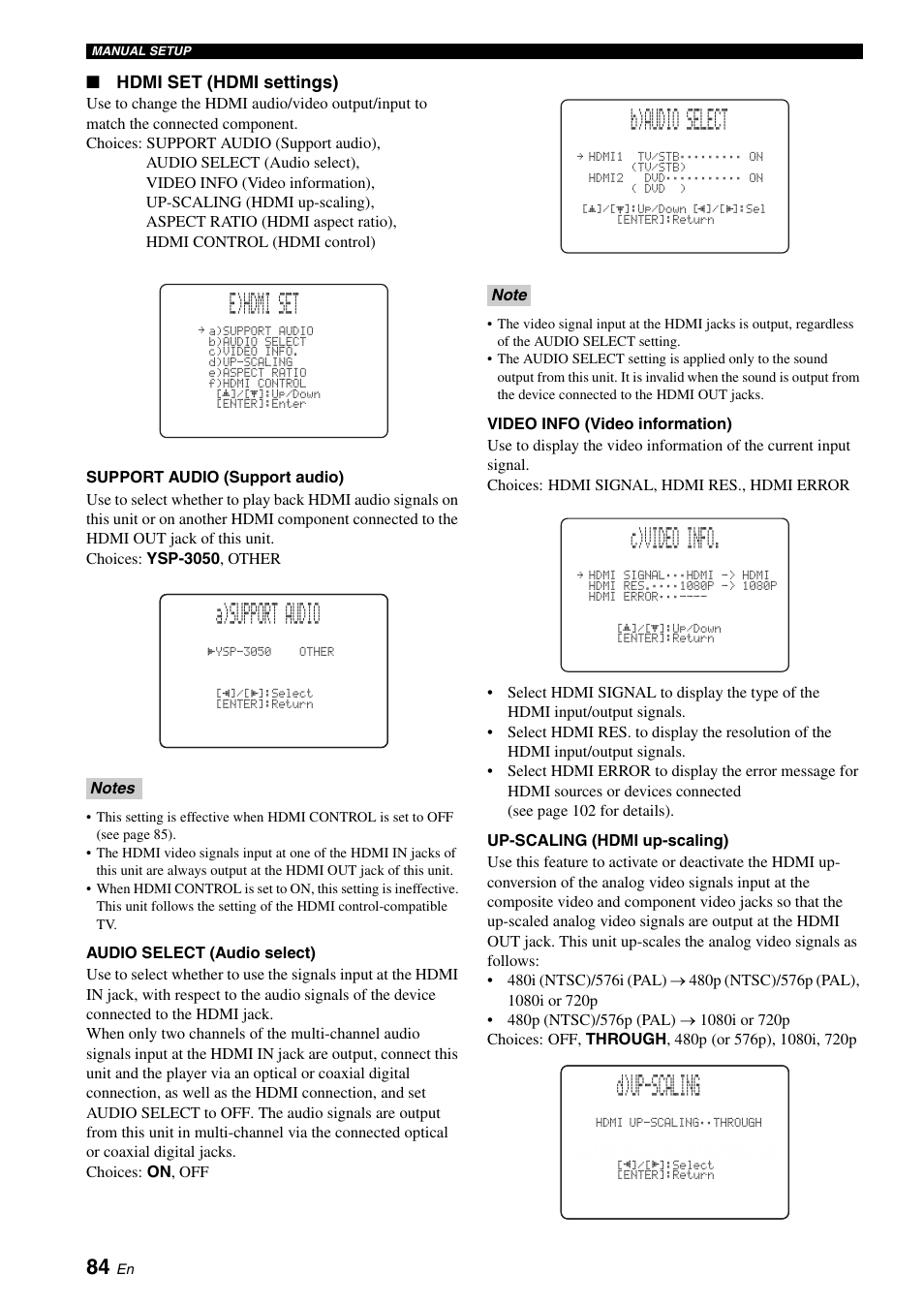 E)hdmi set, A)support audio, B)audio select | C)video info, D)up-scaling | Yamaha Digital Sound Projector YSP-3050 User Manual | Page 88 / 118