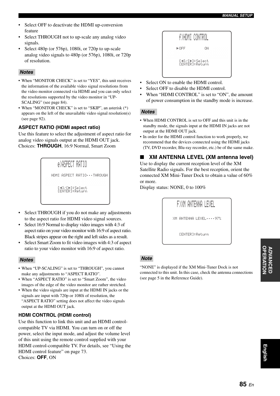 E)aspect ratio, F)hdmi control, F)xm antenna level | Yamaha Digital Sound Projector YSP-3050 User Manual | Page 89 / 118